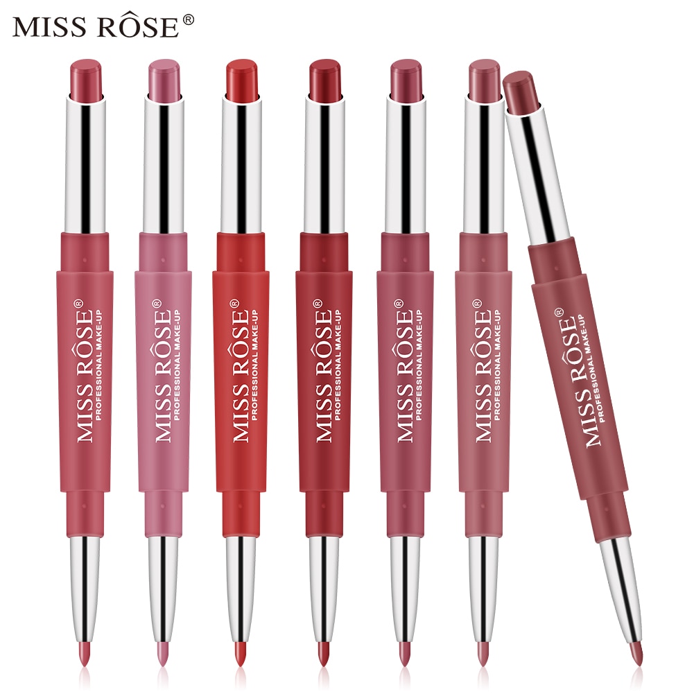 MISS ROSE 1Pc 2 In 1 Double Headed Matte Lipstick Lip Liner Pencil Wat